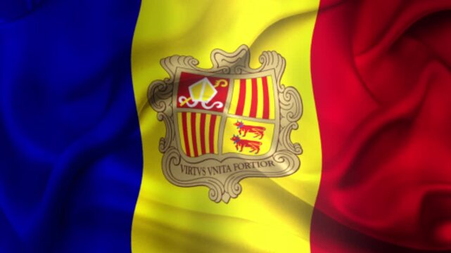 Flag of Andorra, Andorra 3D Animation flag waving in the wind. 4K Andorra Flag Animation waving with fabric texture.
