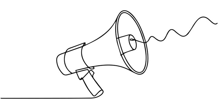 megaphone continuous one line drawing, Continuous line art drawing megaphone announcement concept line art vector illustration, Continuous one line drawing of a megaphone speaker with wavy sound lines