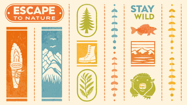 Vintage style nature badge illustrations with camping wildlife and outdoor adventure elements in a vertical arrangement high quality