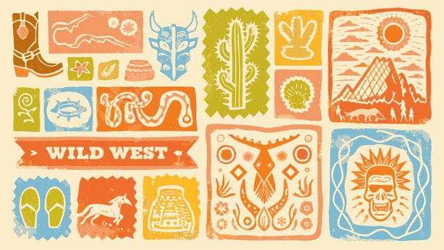 western themed decorative tile pattern with cowboy boots cactus and native american imagery high quality professional detailed modern