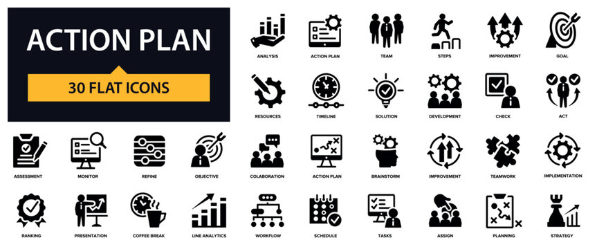 Action Plan icons set. Strategy, Business, Management, Development, Goal and others.