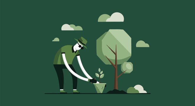 Gardener planting a small sapling in a pot near a large tree.