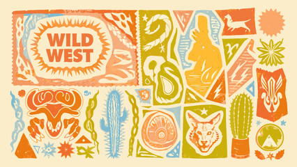 vector illustration of a wild west themed collage with cactus animals and retro typography high quality professional detailed © Chapala