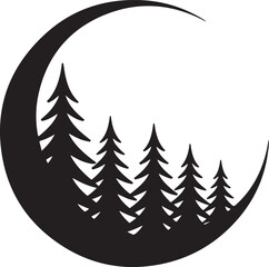 Black silhouette of pine trees in a crescent moon shape Vector, illustration © Parvej
