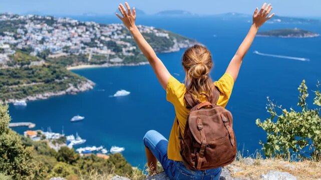 Woman sits on a cliff edge, arms raised in triumph, viewing a beautiful Mediterranean-style coastal town