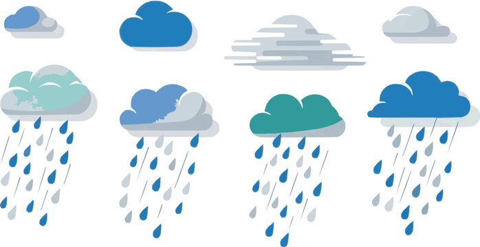 This professional vector illustration features a blue weather icon set and cloud computing symbols designed for web internet technology and data server communication concepts