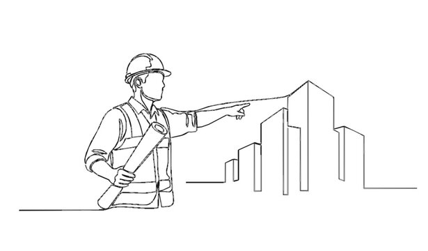 Construction foreman manager continuous line drawing supervising building work minimalist vector icon