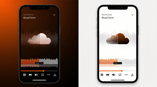 SoundCloud music player app mockup on smartphone, audio waveform visualization interface on mobile phone screen, light and dark mode UI UX design, multimedia playback buttons and seek bar ic