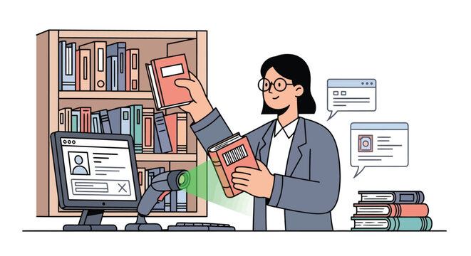 Librarian scanning book with barcode reader at library desk with bookshelves in background isolated on white background