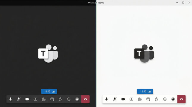 Microsoft Teams meeting interface mockup set, video conference call window with dark and light mode UI theme, webinar software screen with navigation icons, communication tool display design