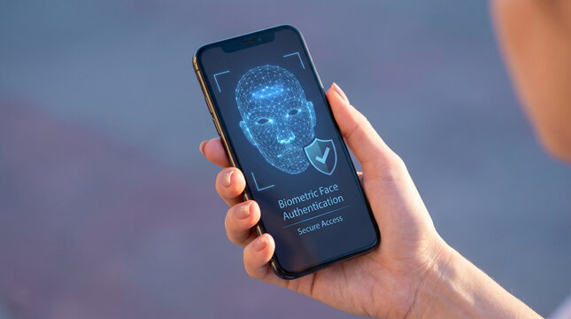 Smartphone with Biometric Face Authentication and Secure Access. Close-up of a hand holding a smartphone displaying biometric face recognition technology