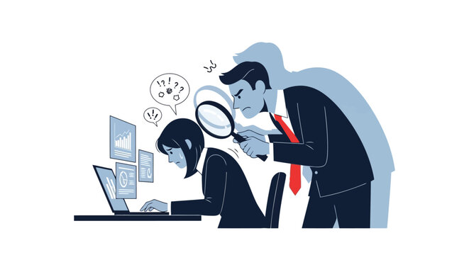 Manager scrutinizes employee performance on laptop with magnifying glass isolated on white background