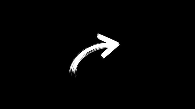 Hand drawn white marker sketch arrows animation on a black background. Brush arrow curving upward to the right for emphasis in presentations, marketing videos, animated explainer content