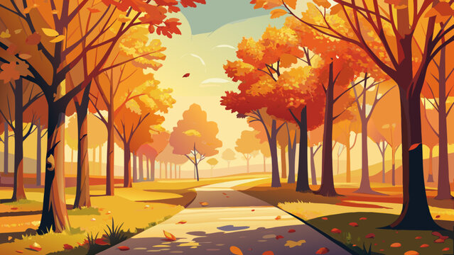 Autumn road, fall landscape, vector illustration, orange trees