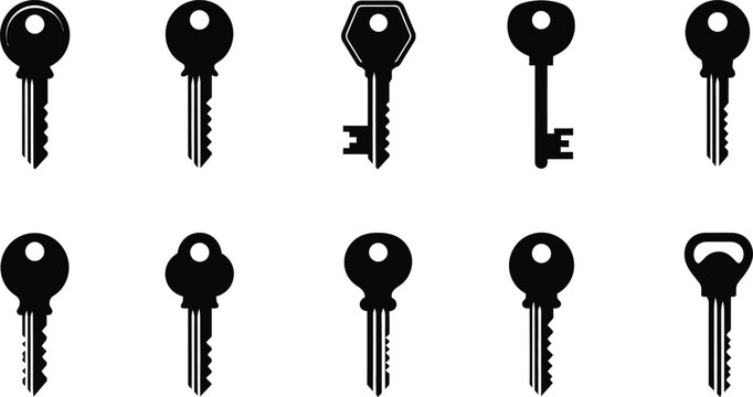 Collection of black silhouette keys on a white background