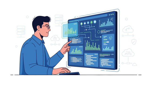 Data scientist analyzing charts on computer screen illustration isolated on white background