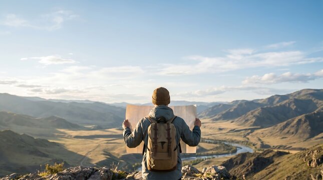 Travel and Tourism: Backpacker Reading Map Over Mountain Valley with Copy Space