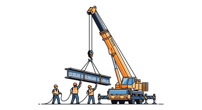 Construction workers operating mobile crane lifting steel beam illustration isolated on white background