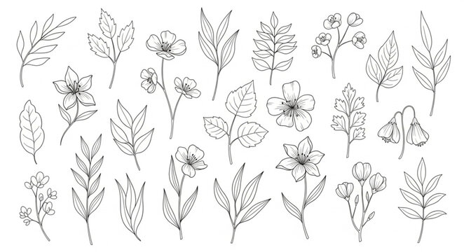Collection of various leafy plant illustrations.