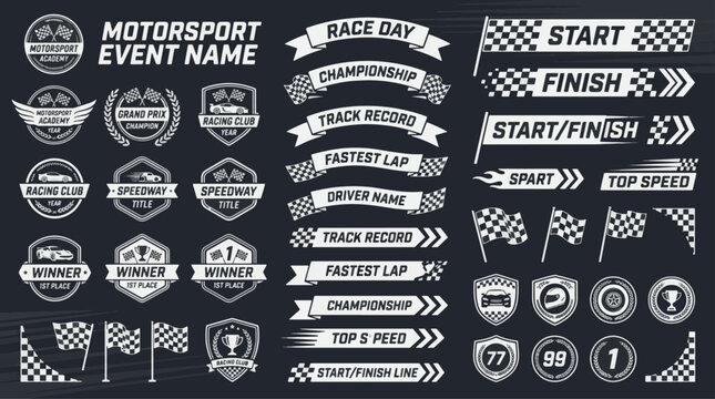 Motorsport Racing Event Graphics Set with Checkered Flags Badges Ribbons and Speed Emblems
