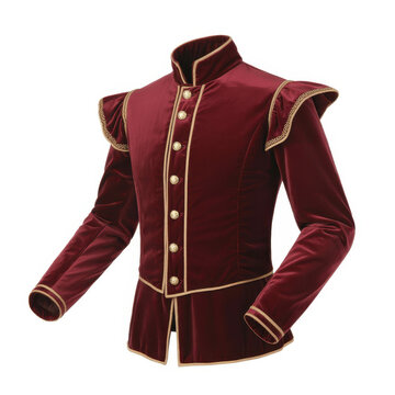 Maroon velvet renaissance style doublet jacket with gold trim isolated on a white background