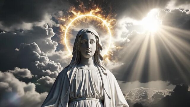 Woman statue of the Virgin Mary with a glowing halo, changing clouds and divine light rays. Religious icon with spiritual atmosphere for faith concept.