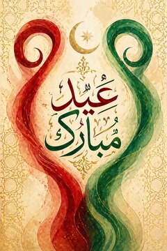 eid al odha bakra eid Abstract art poster. Two flowing, swirling ribbons of color (one in crimson red, one in emerald green) curve upward from the bottom center, twisting into shapes.