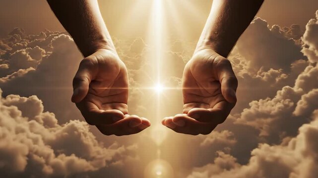 Open male hands reaching up through heavenly clouds with a bright divine light shining downward. Religious hope and divine intervention concept for worship.