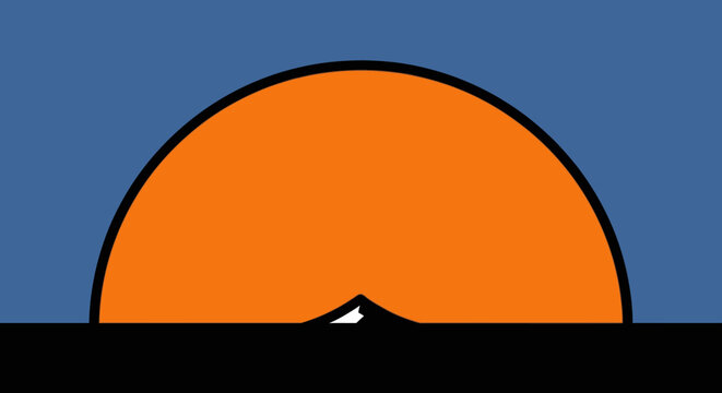 Minimalist abstract graphic illustration of a vibrant orange sun setting or rising over a dark mountain horizon with a deep blue sky, symbolizing dawn or dusk.