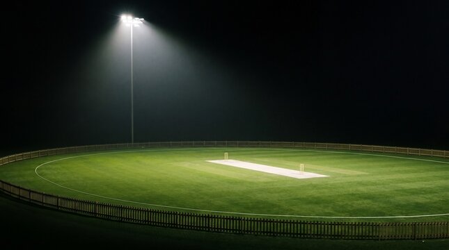 Floodlit cricket pitch at night, illuminated by a single bright stadium light