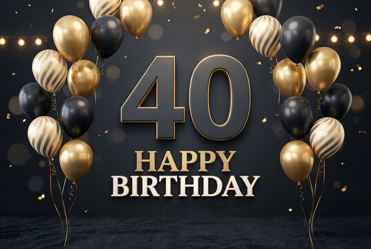 Elegant 40th birthday party with gold and black balloons, confetti, and bokeh lights background