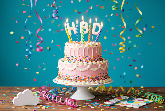 Delightful pink birthday cake with sprinkles and candles spelling HBD, surrounded by festive confetti and streamers