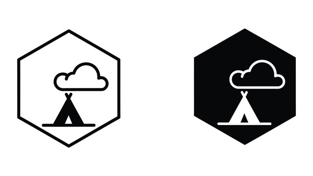 Camping tent under a cloud icon in hexagon frame