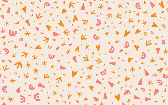 Fancy doodle pattern with stars, hearts and rainbows. Vector illustration