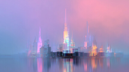 Obraz premium Dreamy pastel cityscape featuring glowing structures and glitch effects during twilight