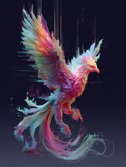 Fototapeta premium Surreal digital phoenix rises from pastel glitch flames while feathers dissolve into vibrant neon pixels