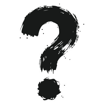 Artistic black ink brush stroke question mark icon on white for mystery problem solving help support and creative design
