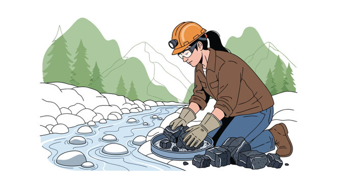 Woman prospecting for coal in a stream at mountain illustration isolated on white background