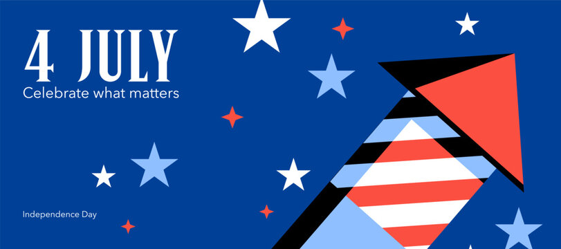 4th of July Independence Day Horizontal Banner Template with Geometric Rocket, Stars and Patriotic Red White Blue Stripes. Flat Vector Design for Social Media, Web, Event Promotion, Poster and Print