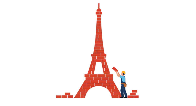 Construction worker building Eiffel Tower replica with bricks illustration isolated on white background
