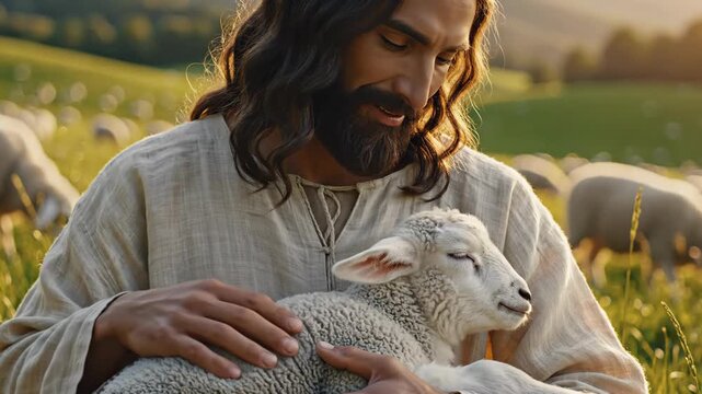 Jesus, the good shepherd, holding and petting a young lamb in a sunlit field, representing divine care and salvation