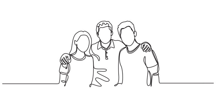 Single one line drawing friendship day concept. Continuous line draw design graphic vector illustration. continuous one line drawing Friendship Day concept one woman and tow man,