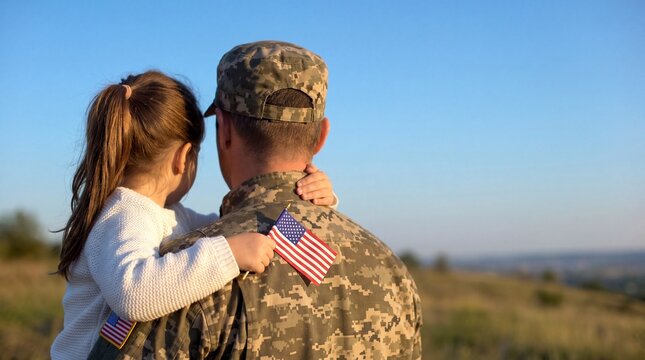 Proud daughter hugs soldier dad returning home with American flag on uniform