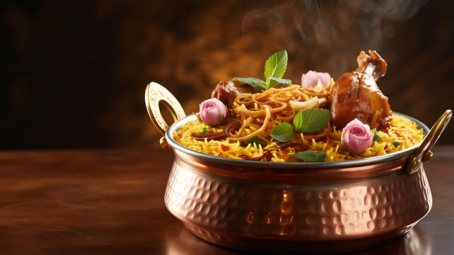 Luxurious Steaming Chicken Biryani in Traditional Copper Handi with Mint and Rose Garnish