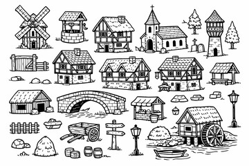 Fototapeta premium Medieval village constructor set with hand-drawn black and white icons of half-timbered houses, church, bridge, windmill, watermill, market, and rural elements for fantasy map design and RPG.