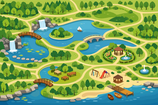 Aerial View Vector Illustration of a Detailed City Park Map Featuring Winding Walking Trails, Lush Green Trees, Scenic Lakes with Waterfalls, Bridges, Playgrounds, Picnic Areas, and a Boat Dock.