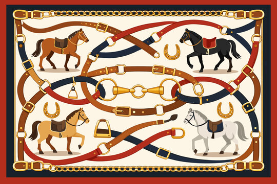 Equestrian Scarf Design with Horses, Belts, and Buckles. Flat Vector Illustration of a Luxury Silk Scarf Pattern with Leather Straps, Gold Chains, Horseshoes, and Stirrups in Classic Colors.