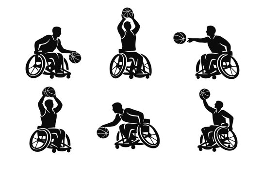 Dynamic silhouettes of wheelchair basketball players performing various actions like shooting, passing, and dribbling. Set of black vector icons on white background for inclusive sports design.