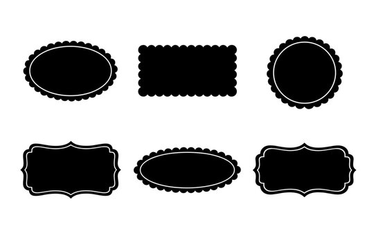 Set of Six Black Scalloped Label Frames and Decorative Vector Badges; Flat Design Silhouettes in Various Shapes Including Oval, Circle, and Rectangle for Tags, Stickers, and Vintage Borders.