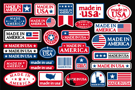 Vector set collection of made in USA seal badge, label, sticker, stamp, patch, American quality product emblem, patriotic logo with flag or symbol of America, perfect for product packaging, isolated.